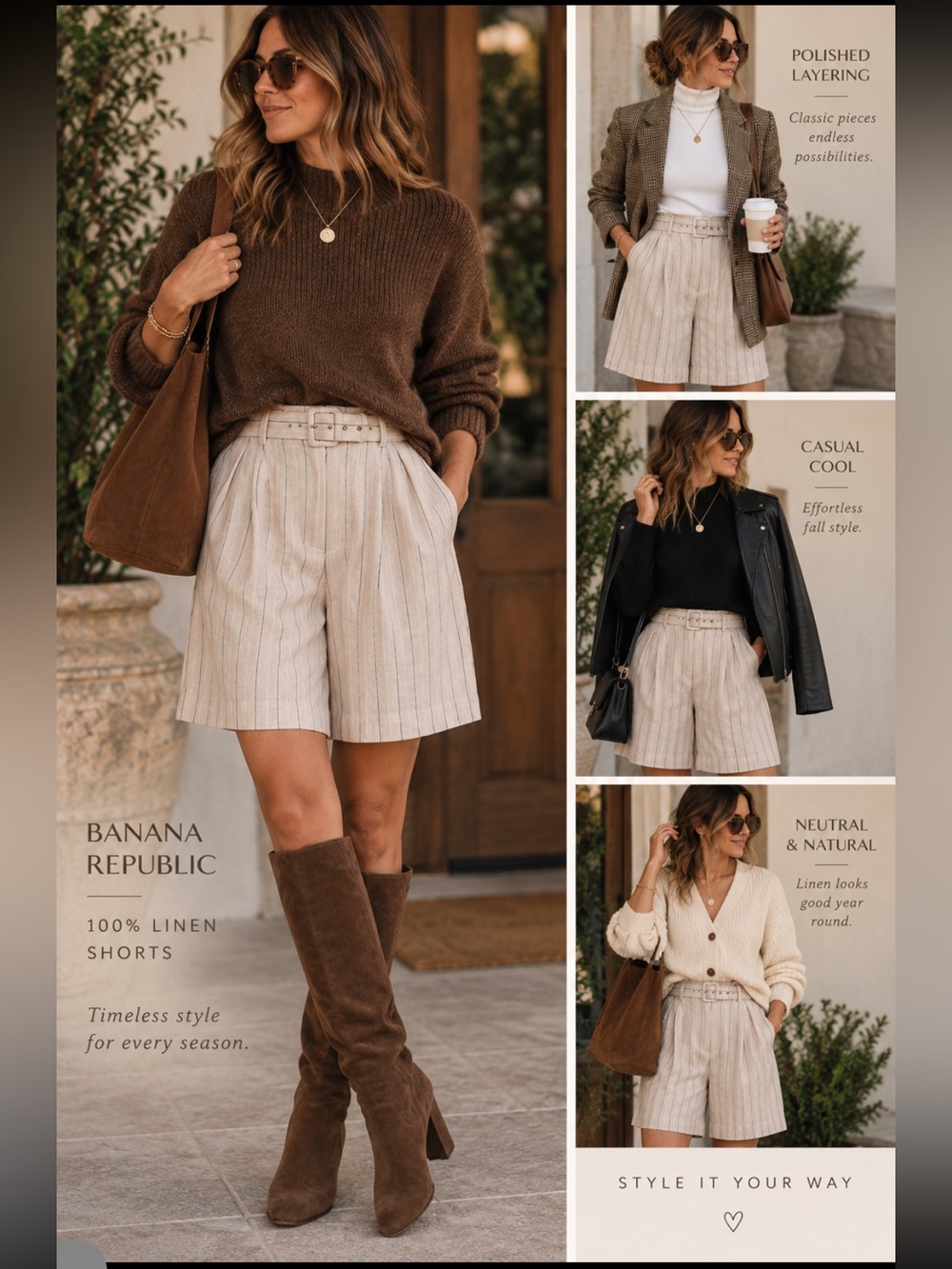 Banana Republic Cream-Striped Linen Belted Bermudas Sz 8 Quiet Luxury